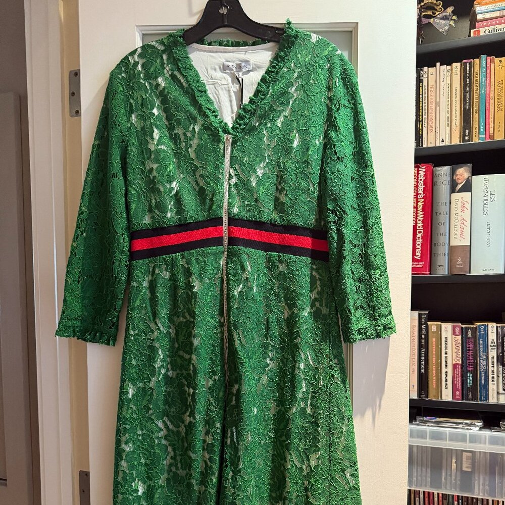 New With Tags:  Misslook Kelly Green lace dress with Red and Navy band
